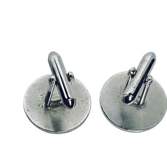 Vintage Swank Round Etched Silver Tone And Rhinestone Cufflinks (994) - Picture 3 of 5